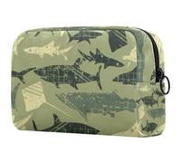 Beauty case militare con squali e razza grunge per donne, borsa da viaggio grande per trucchi e cosmetici, pratica borsa organizer con cerniera, Multi, 18.5x7.5x13cm/7.3x3x5.1in, Beauty case