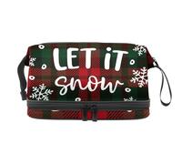 Beauty case natalizio a scacchi con fiocchi di neve che cadono a doppio strato, per donne e ragazze, borsa da viaggio per trucchi pratica borsa organizer con scomparto per pennelli, Multi, 27x15x14