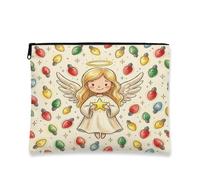 Beauty case natalizio con angelo e luci natalizie, 17,8 x 22,9 cm | Fantasiosa illustrazione di angelo, borsa cosmetica, motivo a lampadina vintage, accenti a stella dorata