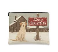 Beauty case natalizio con cane e cartello, borsa da viaggio vintage per donne, piccola borsa portatile in tela con cerniera, borsa da toilette per le vacanze, Beige, 7x9 Inch, Cane