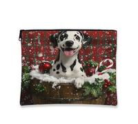 Beauty case natalizio con cane, grazioso animale dalmata per le vacanze, trousse da viaggio per donne, piccola borsa portatile in tela con cerniera, borsa da toeletta invernale da 17,8 x 22,9 cm