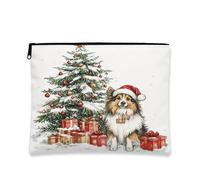 Beauty case natalizio con cane pastore delle Shetland, borsa da viaggio vintage per donne, organizer portatile in tela con cerniera, borsa da toilette invernale per la cura della pelle, 17,8 x 22,9 cm