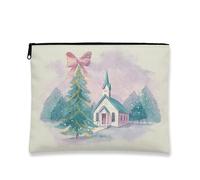 Beauty case natalizio con chiesa, borsa da viaggio vintage con paesaggio invernale per donne, organizer portatile in tela con cerniera, Crema, 7x9 Inch, Chiesa