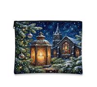 Beauty case natalizio con chiesa e lanterna invernale, 17,8 x 22,9 cm | Illustrazione del paesaggio invernale, borsa cosmetica, chiesa di vetro colorato, lume di candela incandescente