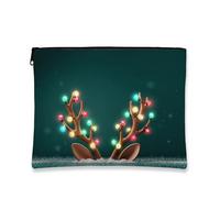 Beauty case natalizio con corna di renna con luci, borsa da viaggio per donne, piccola borsa portatile in tela con cerniera, borsa da toilette per la cura della pelle delle vacanze, Verde, 7x9 Inch