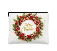 Beauty case natalizio con corona di pigne, borsetta da viaggio per cosmetici, da donna, portatile, piccola borsa in tela con cerniera, borsa da toilette per la cura della pelle delle vacanze, bianco