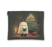 Beauty case natalizio con fantasma, grazioso astuccio per cosmetici da donna, piccolo organizer portatile in tela con cerniera, borsa invernale per la cura della pelle, verde scuro, 7x9 Inch, Fantasma