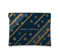 Beauty case natalizio con fiocchi di neve blu navy e strisce dorate, borsa da viaggio per donne, piccola borsa portatile in tela con cerniera, borsa da toilette per le vacanze, Navy, 7x9 Inch, Natale