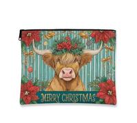 Beauty case natalizio con mucca delle Highlands, astuccio da viaggio per donne, piccolo organizer portatile in tela con cerniera, per festival invernali, Rosso, 7x9 Inch, Borsa