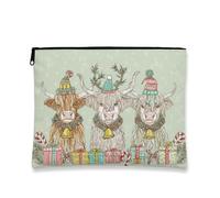 Beauty case natalizio con mucche delle Highlands, borsa da viaggio vintage fantasiosa per donne, organizer portatile in tela con cerniera, borsa da toilette per le vacanze, Verde, 7x9 Inch, Mucche