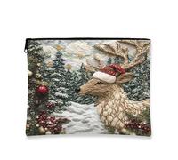 Beauty case natalizio con renna, borsetta per cosmetici ricamata, da donna, portatile, in tela con cerniera, borsa da toilette per le vacanze, 17,8 x 22,9 cm