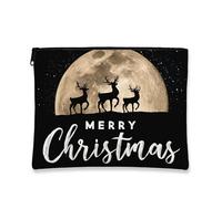 Beauty case natalizio con renna e luna, borsa da viaggio per donne, piccola borsa portatile in tela con cerniera, borsa da toilette per la cura della pelle delle vacanze, nero, 7x9 Inch, Natale
