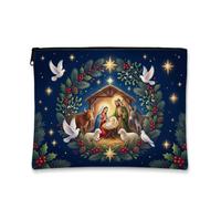 Beauty case natalizio con scena religiosa religiosa, 17,8 x 22,9 cm | tema religioso, borsa per cosmetici, corona floreale, colombe pacifiche, decorazione religiosa per le vacanze