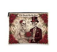 Beauty case natalizio con scheletro gotico per coppie, 18 x 22,9 | Tema gotico di nozze, sacchetto della chiusura lampo del trucco, cornice floreale della stella di Natale