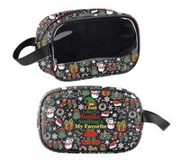 Beauty case natalizio con scritta "I Just Like to Smile Smiling's My Favorite Secret Santa", idea regalo per feste di Natale