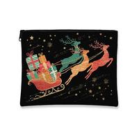 Beauty case natalizio con slitta e renna, borsa da viaggio vintage per donne, piccola borsa portatile in tela con cerniera, borsa da toilette per la cura della pelle delle vacanze, nero, 7x9 Inch