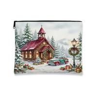 Beauty case natalizio con villaggio invernale e chiesa, 18 x 22 cm | Camion vintage, sacchetto con cerniera per trucco, paesaggio invernale, pini innevati, idee regalo per le vacanze