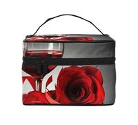 Beauty case organizer, grande borsa da viaggio con stampa leopardata con cerniera, per donne e truccatori, borsa quadrata portatile, Bicchiere da vino con candela e rosa rossa, Taglia unica