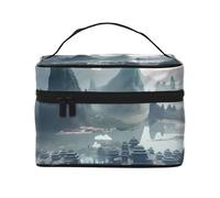 Beauty case organizer, grande mostro vecchio stampato borsa cosmetica da viaggio con cerniera per donne e truccatori borsa quadrata portatile, Piccola città in montagna, Taglia unica
