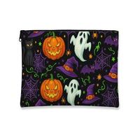 Beauty case per Halloween, con zucche spettrali e fantasmi, borsa da viaggio per donne, piccola borsa portatile in tela con cerniera, borsa da toeletta per festival, nero, 7x9 Inch, Zucche