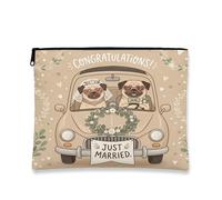 Beauty case per matrimonio con carlino, divertente astuccio da viaggio per donne e ragazze, con scritta "Just Married", piccola borsa portatile in tela con cerniera, 17,8 x 22,9 cm