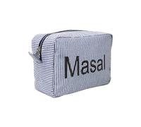 Beauty case personalizzato in seersucker, con monogramma, regalo per sposa, proposta di damigella d'onore, trousse per trucchi e cosmetici (21 x 9 x 14 cm, blu scuro)
