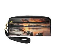 Beauty case piccolo da viaggio con motivo Rock and Lake Under Sunset, borsetta da viaggio per pennelli da trucco da donna, Nero, One Size, Astuccio per trucchi
