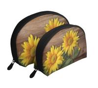 Beauty case portatile a forma di farfalla viola, organizer da viaggio con cerniera e scomparti interni, Fiori gialli su legno1, Taglia unica