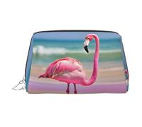 Beauty case portatile con fenicottero rosa stampato sulla spiaggia, custodia da viaggio compatta con scomparti interni organizzati per tutti i giorni, Argento, One Size
