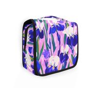 Beauty case portatile con fiori di iris viola e bianchi con gancio per appenderlo, con scomparti e manico