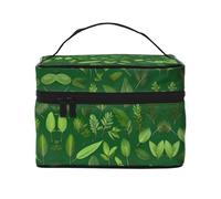 Beauty case portatile da viaggio con foglie di erbe aromatiche e foglie per donne, organizer per trucchi con cerniera in pelle PU lavabile impermeabile, nero, taglia unica, Nero , Taglia unica