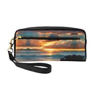 Beauty case riutilizzabile - Beach Maui Hawaii tramonto onde mare nuvole stampa piccola borsa per il trucco in pelle per viaggi, organizer per articoli da toeletta con cerniera, nero, Taglia unica