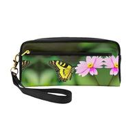 Beauty case riutilizzabile - Beauty case in pelle con stampa floreale primaverile farfalla piccola borsa per il trucco da viaggio, organizer per articoli da toeletta con cerniera, nero, Taglia unica