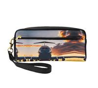 Beauty case riutilizzabile - Borsa per trucchi con aereo al tramonto, in pelle, piccola borsa per il trucco da viaggio, organizer per articoli da toeletta con cerniera, nero, Taglia unica