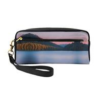 Beauty case riutilizzabile - Lake under Sunset Print Leather Small Makeup Bag per viaggi, organizer per articoli da toeletta con cerniera, nero, Taglia unica