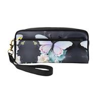 Beauty case riutilizzabile - Organizer da viaggio per articoli da toeletta, borsetta piccola in pelle con stampa a farfalla bianca, Nero , Taglia unica