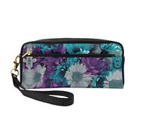 Beauty case riutilizzabile - Organizer da viaggio per articoli da toeletta con fiori viola e foglia di tè in pelle stampata piccola borsa per donna, Nero , Taglia unica