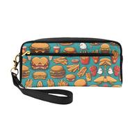 Beauty case riutilizzabile - Organizer da viaggio per articoli da toeletta, un sacco di hamburger patatine fritte in stile cartone animato in pelle con stampa completa piccola borsa per donna, Nero ,