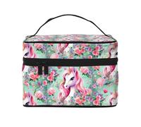 Beauty case rosa con unicorno. Borsa per cosmetici da donna alla moda, grande, organizer da viaggio per articoli da toeletta