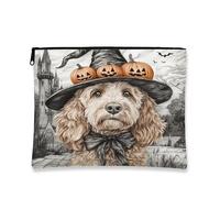 Beauty case stregate con cane dorato di Halloween, 17,8 x 22,8 cm, per viaggio, divertente astuccio per cosmetici con stampa di streghe vintage, regalo per donne, case infestate, organizer portatile
