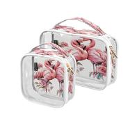 Beauty case trasparente con due rose di fenicottero, confezione da 2 borse trasparenti per il trucco con manici per il viaggio, Multicolore, 2 pezzi