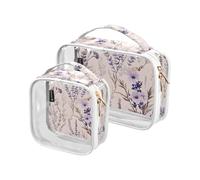 Beauty case trasparente con motivo fiori di lavanda, confezione da 2 sacchetti trasparenti per il trucco con manici per il viaggio, Multicolore, 2 pezzi