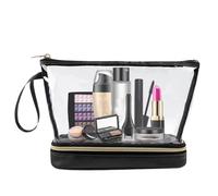 Beauty case trasparente da viaggio, a doppio strato, con cerniera, organizer per trucchi, cosmetici, accessori e pennelli, Nero , Refer to description, Unisex