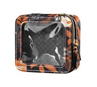 Beauty case trasparente in pelle italiana portoghese con piastrelle senza cuciture per donne e ragazze, Arancione e Nero Buffalo Check, Taglia unica