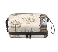 Beauty case vintage a doppio strato con cartolina di Londra per donne e ragazze, borsa da viaggio per trucchi pratica borsa organizer con scomparto per pennelli, Multi, 27x15x14 cm/10.6x5.9x5.5 in,