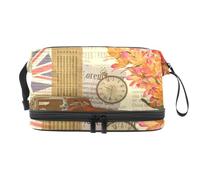 Beauty case vintage a doppio strato con cartolina di Londra, per donne e ragazze, trousse da viaggio per trucchi, pratica borsa organizer con scomparto per pennelli, Multi, 27x15x14 cm/10.6x5.9x5.5