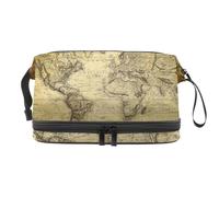 Beauty case vintage a doppio strato con mappa del mondo, per donne e ragazze, trousse da viaggio per trucchi, pratica borsa organizer con scomparto per pennelli, Multi, 27x15x14 cm/10.6x5.9x5.5 in,