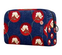 Beauty case vintage cinese con fiori di peonia nazionali da donna, borsa da viaggio per articoli da toeletta grande, pratica borsa organizer con cerniera, Multi, 18.5x7.5x13cm/7.3x3x5.1in, Beauty case