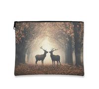 Beauty case vintage con cervi, borsa da viaggio per donne, portatile, piccola tela con cerniera, borsa da toilette naturale per l'autunno, Marrone, 7x9 Inch, Cervo