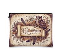 Beauty case vintage con citazione di Halloween a forma di gufo, 17,8 | Illustrazione vintage a pergamena, borsa per cosmetici, accenti di piume, tema bosco autunnale, archiviazione compatta